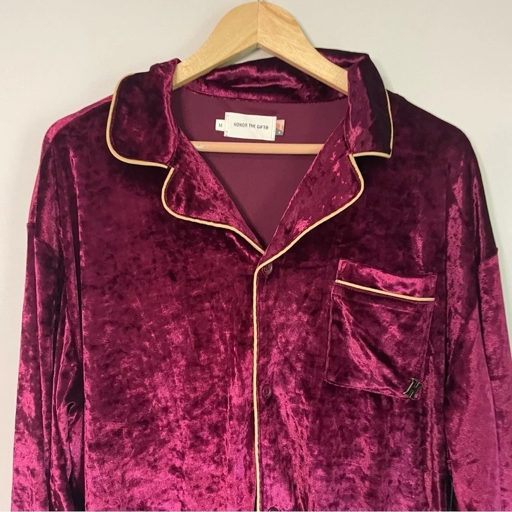 [Honor The Gift] Burgundy Crushed Velvet PJ Button Down Long Sleeve Top - Picture 2 of 7
